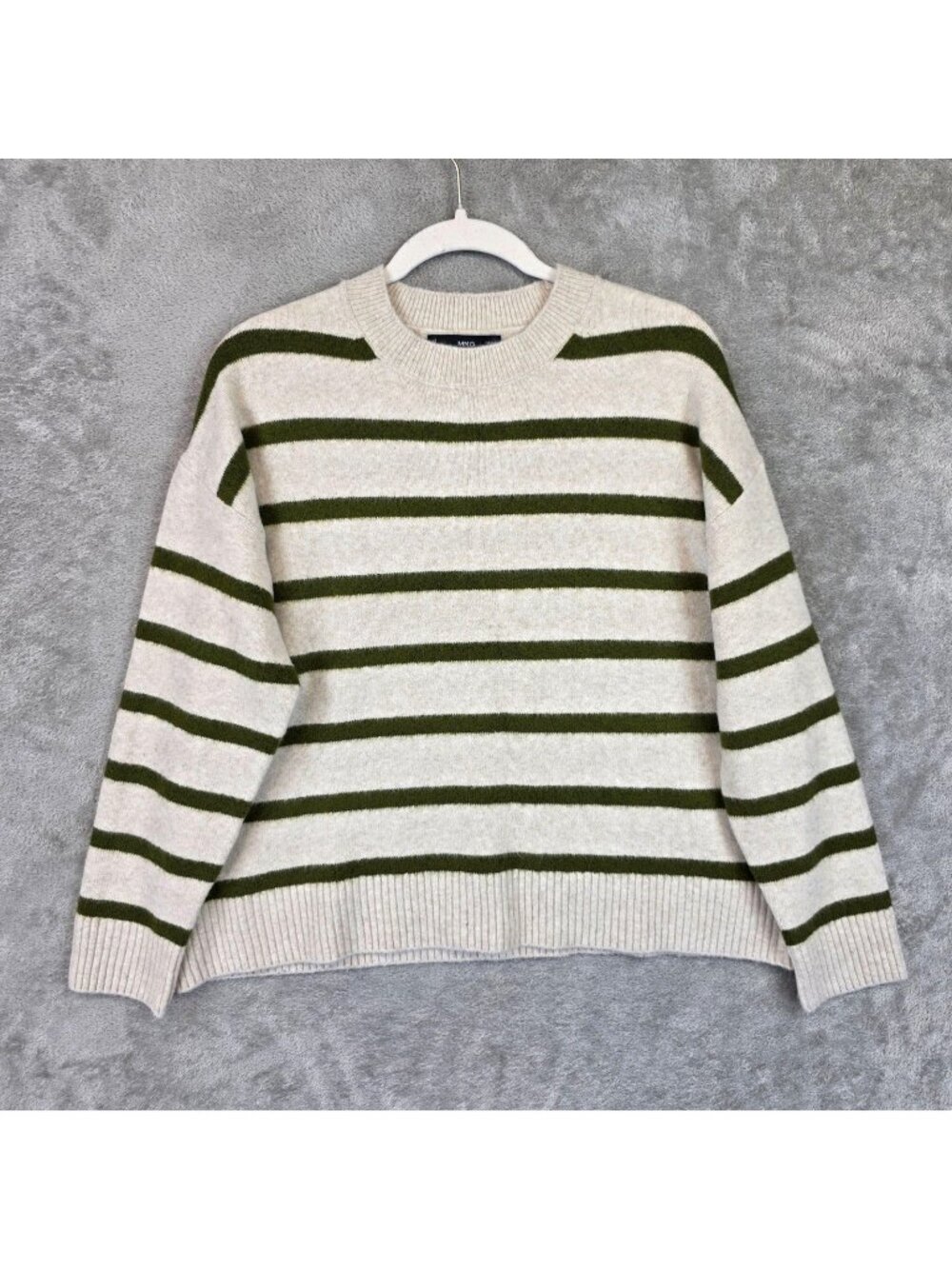 Mango Sweater Womens M Beige Green Stripe Crew Neck Long Sleeve Knit Pullover